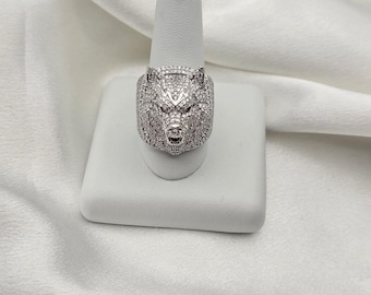 Neve Jewelry Sterling Silver 925 Moissanite Pave Wolf Head Luxury Ring
