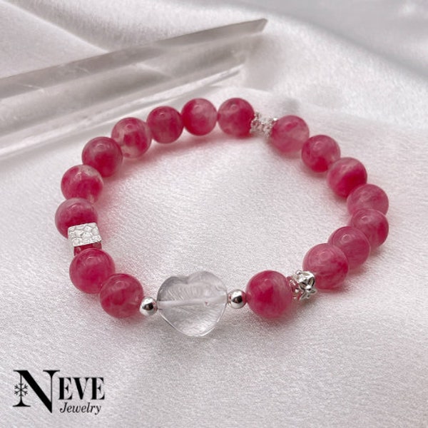 Beautiful Handmade Sakura Rhodonite Bracelet w/ Clear Crystal Heart