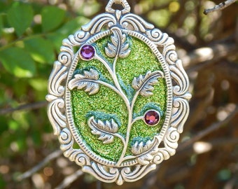 Springtime Pendant- Antiqued Silver, Glitter and Resin (N-148)