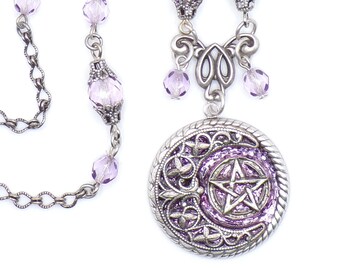 Lavender Pentacle Necklace- Glitter, Resin, and Antiqued Silver