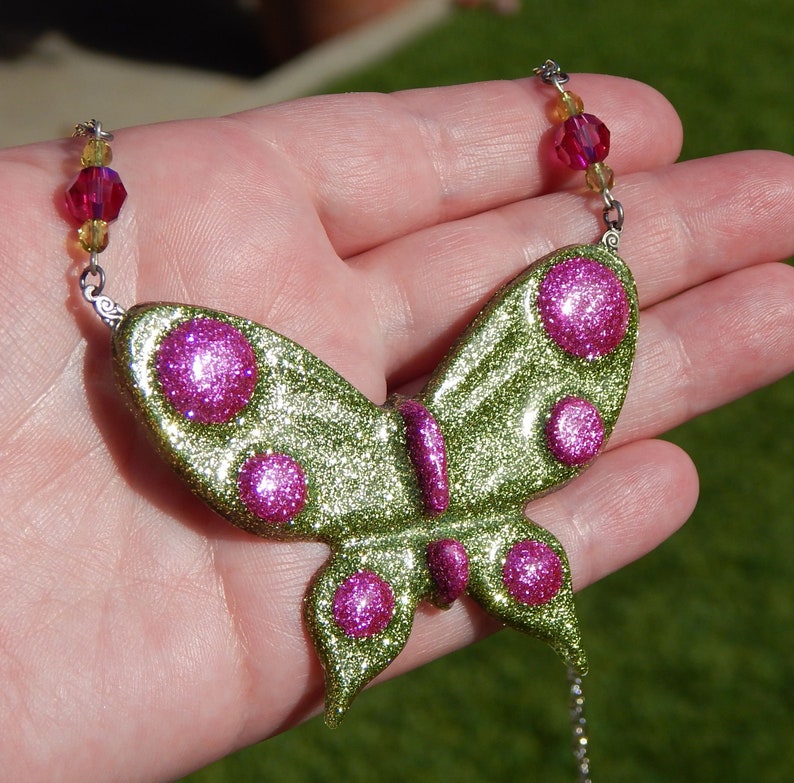 Green and Pink Glitter Butterfly Necklace image 3