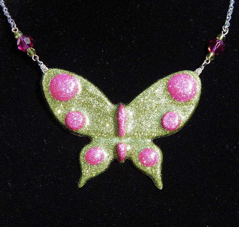 Green and Pink Glitter Butterfly Necklace image 2