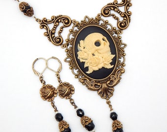 Skull and Roses Cameo Necklace and Earrings Set- Antiqued Brass Victorian Style