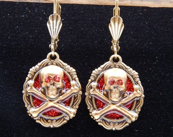 Red Skull Earrings- Glitter and Resin Antiqued Brass Earrings