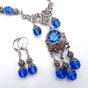 Serene Sapphire - Victorian Style Necklace and Earrings Set- N159