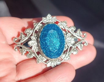 Teal Glitter Filigree Barrette- H048