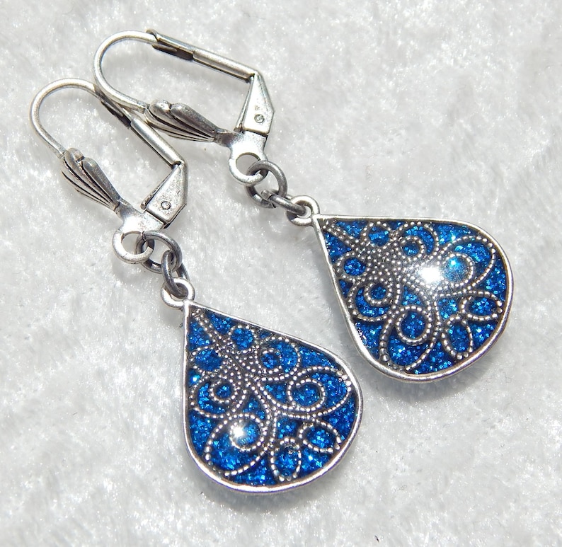 Glitter and Resin Antiqued Silver Blue Swirl Earrings