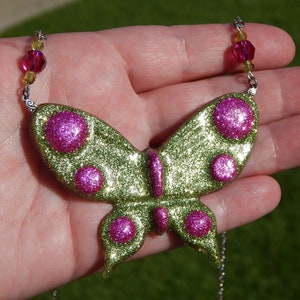 Green and Pink Glitter Butterfly Necklace image 1