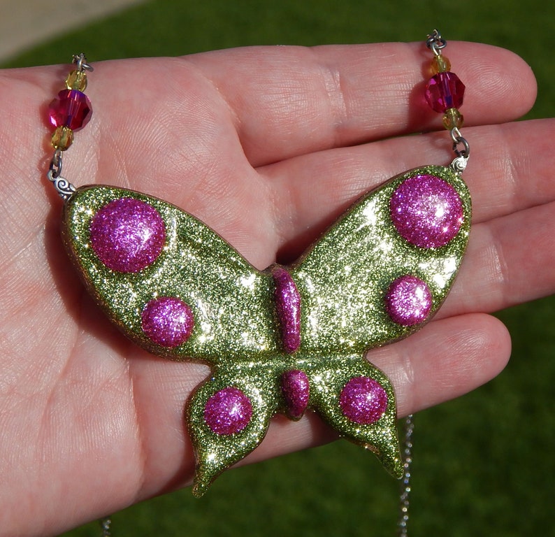 Green and Pink Glitter Butterfly Necklace image 1