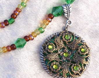 Woodland Dreams- Antiqued Silver, Brass, and Glitter Beaded Necklace