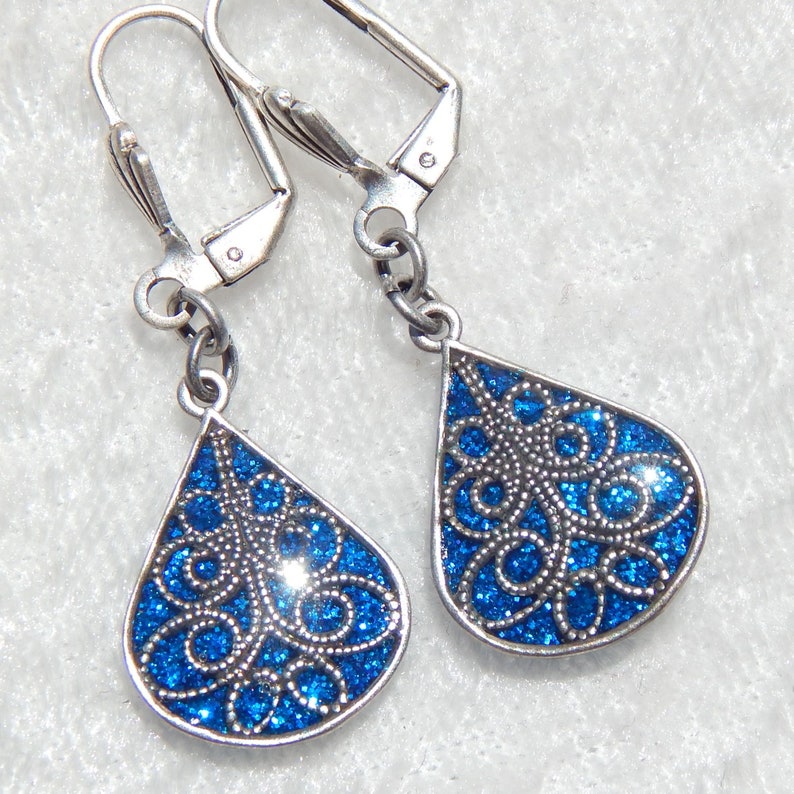 Glitter and Resin Antiqued Silver Blue Swirl Earrings