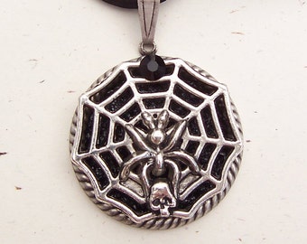 CLEARANCE- Spiderweb Pendant- Antiqued Silver, Glitter, Goth Style