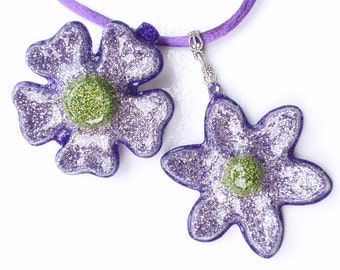 CLEARANCE- Purple Flower Pendant and Hair Clip Set- Glitter and Resin