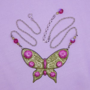 Green and Pink Glitter Butterfly Necklace image 4