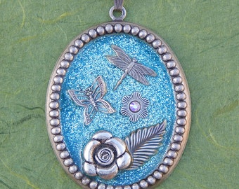 Garden Scene Pendant- Glitter Resin and Antiqued Silver