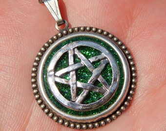 Green Pentacle Pendant- Glitter, Resin and Antiqued Silver