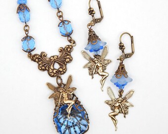 Blue Fairy Necklace and Earrings Set- Antiqued Brass Victorian Style