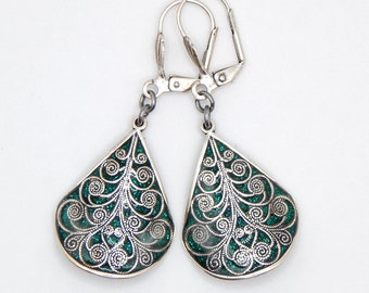 Emerald Green Filigree Earrings- Glitter and Resin Antiqued Silver Earrings