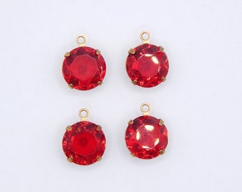 Destash- Set of 4 Ruby Red Czech glass jewels in brass settings 10mm round