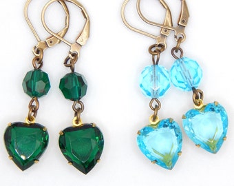Emerald or Aquamarine Heart Earrings