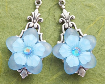 Blue Lucite Flower Earrings