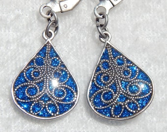 Blue Swirl Earrings- Glitter and Resin Antiqued Silver