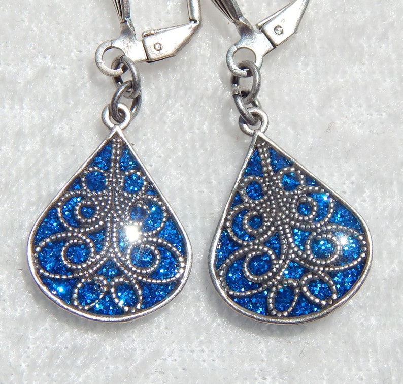 Glitter and Resin Antiqued Silver Blue Swirl Earrings