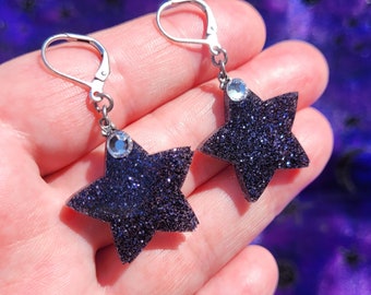 Black Star Earrings- Glitter and Resin