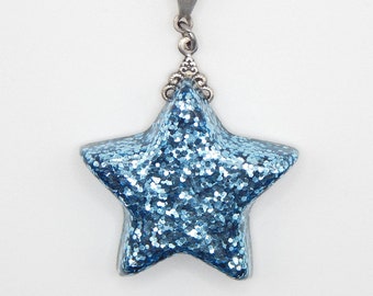 Blue Starshine- Glitter and Resin Celestial Star Pendant