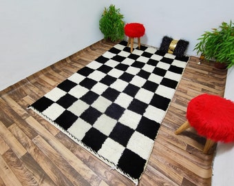 Large Black and White checkered rug, Moroccan Berber checkered rug, beniourain rug, checkered area rug -Soft Colored Rug- Checkerboard Rug