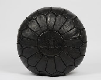 PREFILLED Black Moroccan Pouf with Black Stitching, Moroccan leather pouf Ottoman, Moroccan vintage, leather pouf, Morocco Pouffe