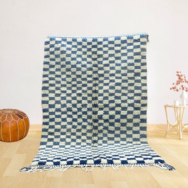 Large Sky Blue checkered rug, Moroccan Berber checkered rug, beniourain rug, checkered area rug -Soft Colored Rug- Checkerboard Rug