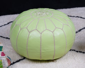 PREFILLED Light green Moroccan Pouf with White Stitching, Moroccan leather pouf Ottoman, Moroccan vintage, leather pouf, Morocco Pouffe