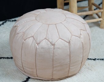 PREFILLED Natural Moroccan Pouf White Stitching, Moroccan leather pouf Ottoman, Moroccan vintage, leather pouf, Morocco Pouffe