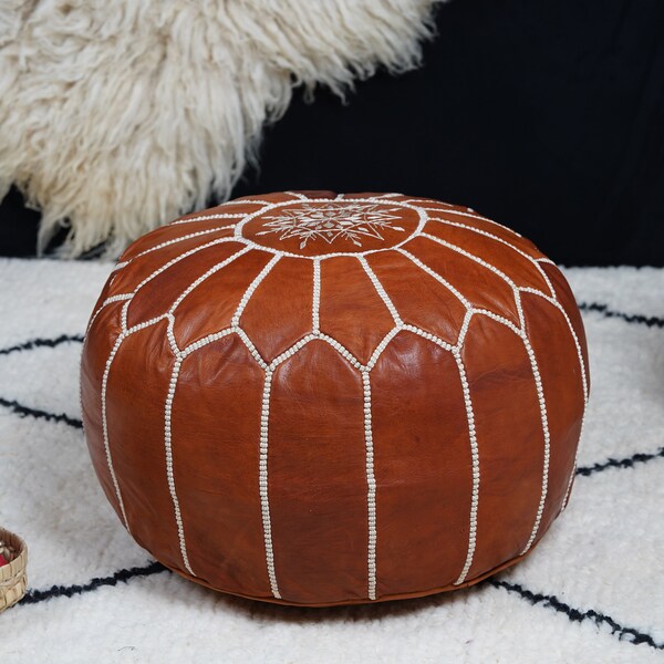 Pouf en cuir avec coutures blanches Pouf en cuir Pouf ottoman Pouf en cuir