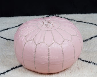 PREFILLED Pink Moroccan Pouf with White Stitching, Moroccan leather pouf Ottoman, Moroccan vintage, leather pouf, Morocco Pouffe