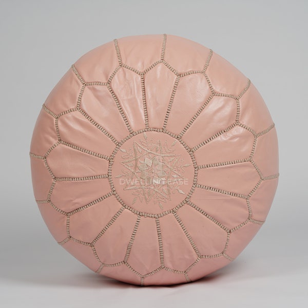 PREFILLED Pink Moroccan Pouf with White Stitching, Moroccan leather pouf Ottoman, Moroccan vintage, leather pouf, Morocco Pouffe