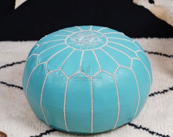 PREFILLED Sky blue Moroccan Pouf Purple Stitching, Moroccan leather pouf Ottoman, Moroccan vintage, leather pouf, Morocco Pouffe