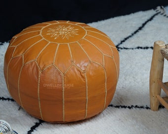 PREFILLED OCHRE Moroccan Pouf with White Stitching, Moroccan leather pouf Ottoman, Moroccan vintage, leather pouf, Morocco Pouffe