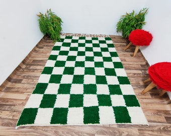 Large Green and White checkered rug, Moroccan Berber checkered rug, beniourain rug, checkered area rug -Soft Colored Rug- Checkerboard Rug