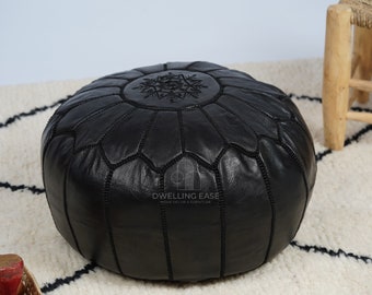 PREFILLED Black Moroccan Pouf with Black Stitching, Moroccan leather pouf Ottoman, Moroccan vintage, leather pouf, Morocco Pouffe