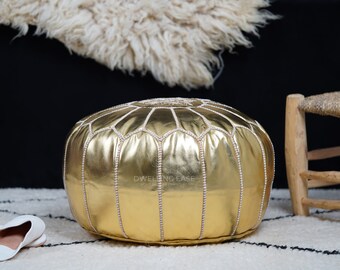 PREFILLED Gold Moroccan Pouf White Stitching, Moroccan leather pouf Ottoman, Moroccan vintage, leather pouf, Morocco Pouffe