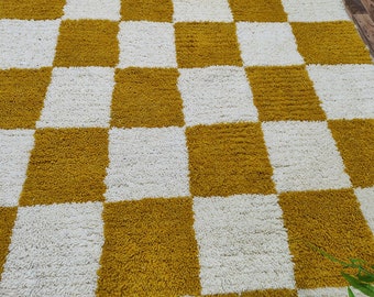 Grand tapis à carreaux jaune et blanc, tapis à carreaux berbère marocain, tapis beniourain, tapis à carreaux - Tapis coloré doux - Tapis en damier