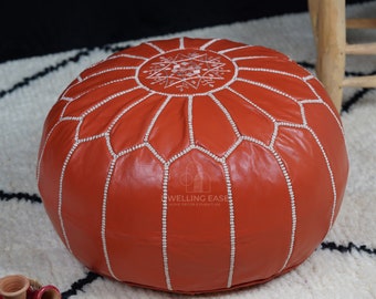 PREFILLED Orange Moroccan Pouf with White Stitching, Moroccan leather pouf Ottoman, Moroccan vintage, leather pouf, Morocco Pouffe