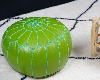 PREFILLED green Moroccan Pouf with green Stitching, Moroccan leather pouf Ottoman, Moroccan vintage, leather pouf, Morocco Pouffe