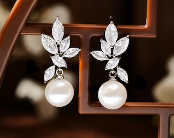 Pendientes colgantes de perla, hoja de plata de ley, pendientes de novia de oro