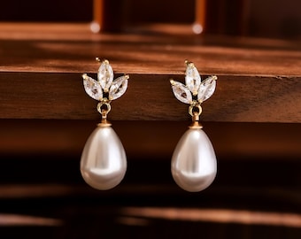 Pendientes colgantes de perlas de agua dulce, plata de ley con diseño de hoja, joyería nupcial dorada