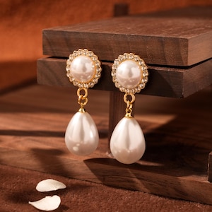 Diamond Pearl Drop Earrings, Sterling Silver Pearl Earrings, Women Wedding Earrings, Stud Earrings, Bridesmaid Gift, Christmas gifts