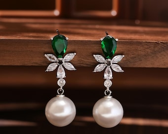 Pendientes colgantes de plata de ley con forma de hoja de perla de agua dulce natural, pendientes de perla esmeralda, pendientes colgantes para novias, regalos para ella