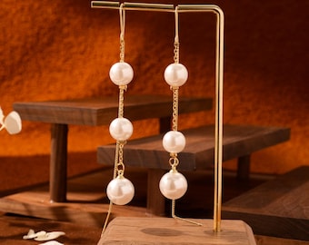 Delicate long pearl earrings, pearl tassel earrings, natural multi-pearl earrings, bridal earrings, wedding earrings, bridesmaid gifts